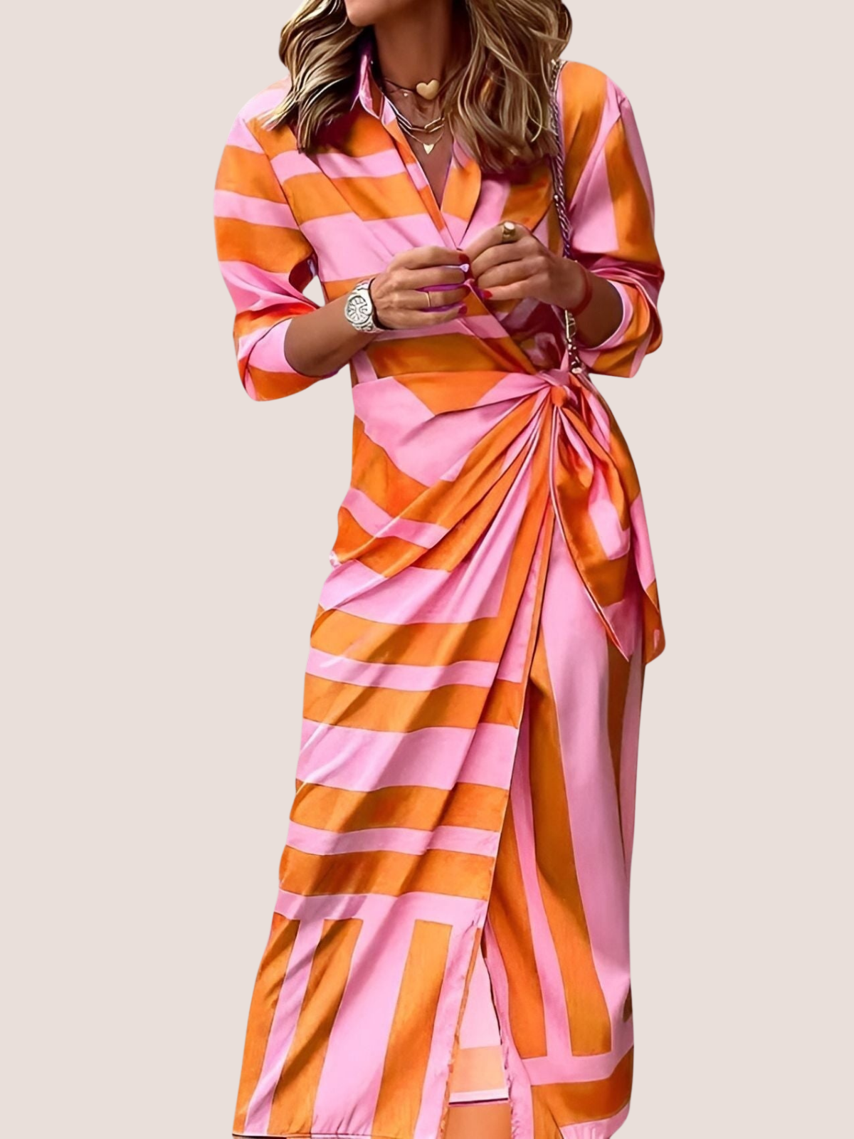 Wrap Midi Dress with Long Sleeves and Geometric Pattern