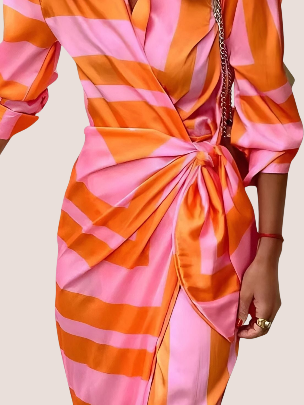 Wrap Midi Dress with Long Sleeves and Geometric Pattern