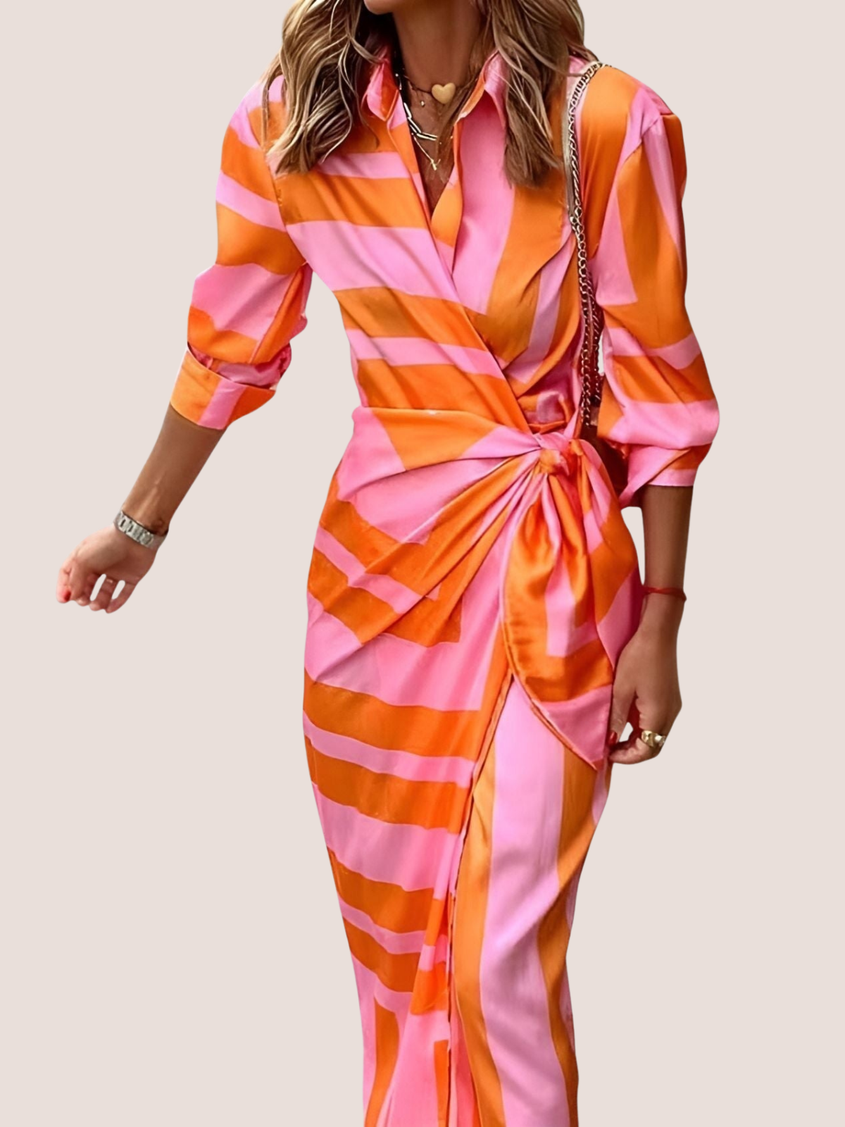 Wrap Midi Dress with Long Sleeves and Geometric Pattern