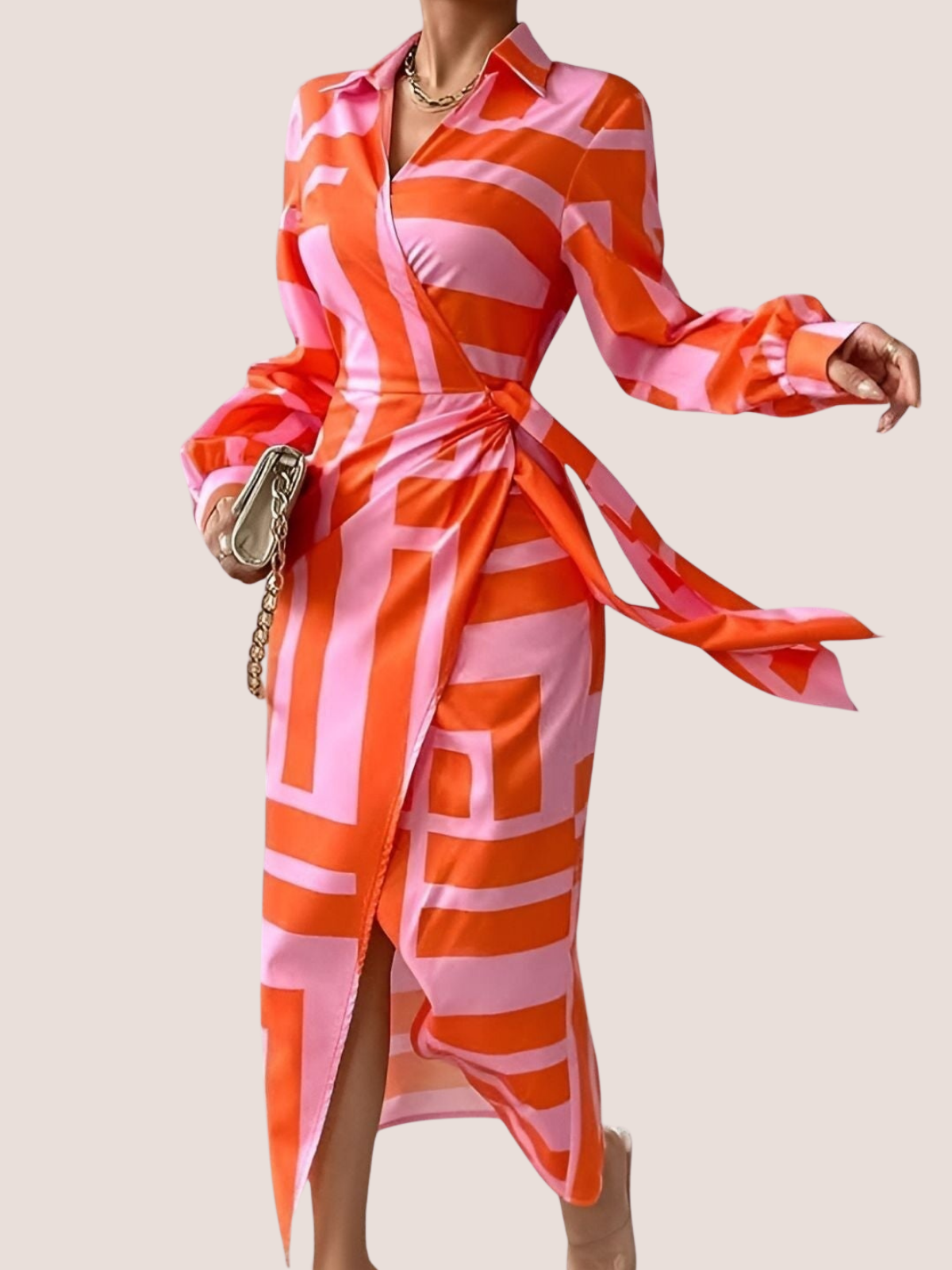 Wrap Midi Dress with Long Sleeves and Geometric Pattern