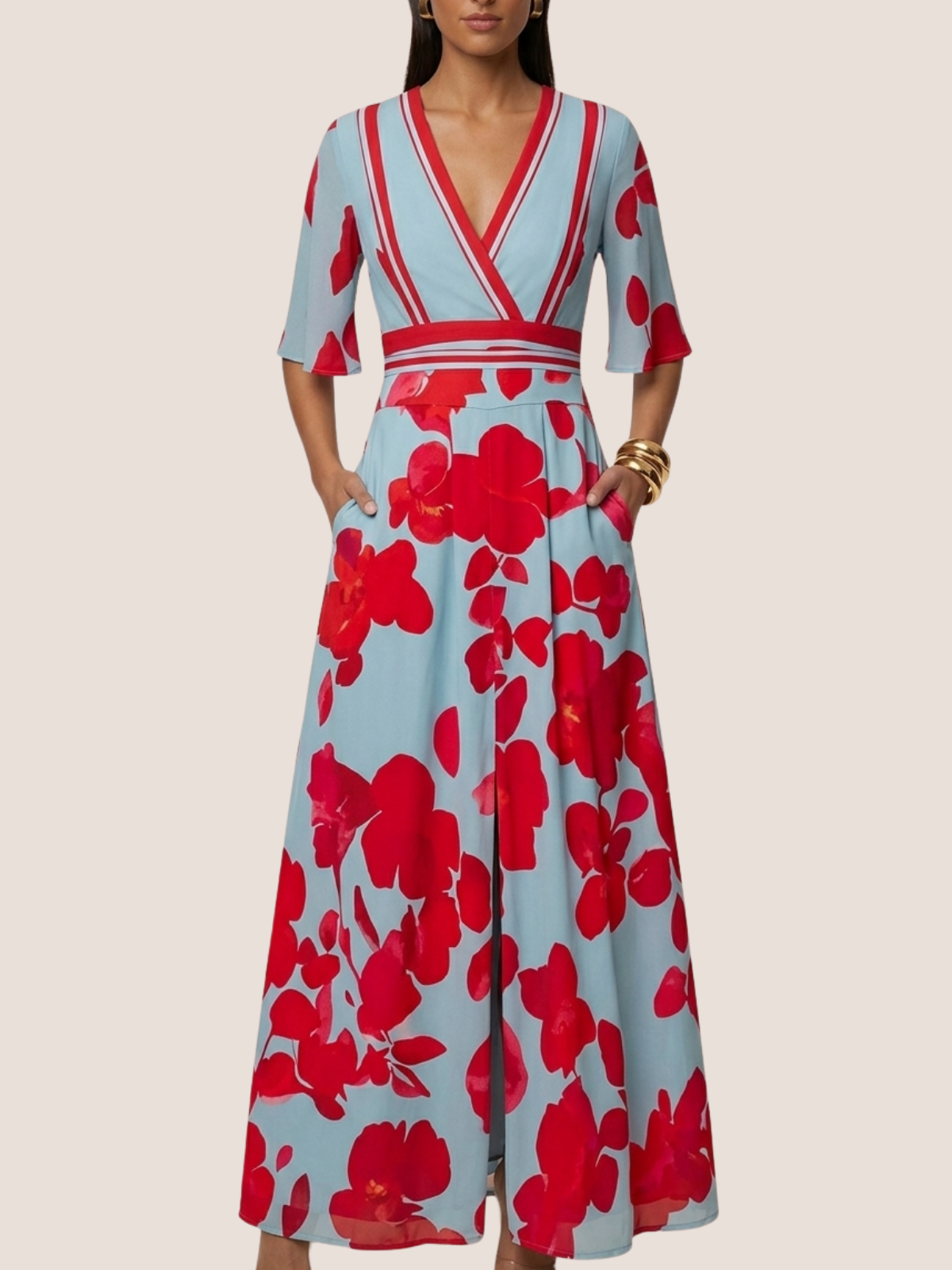 Floral V-Neck Belted Maxi Dress